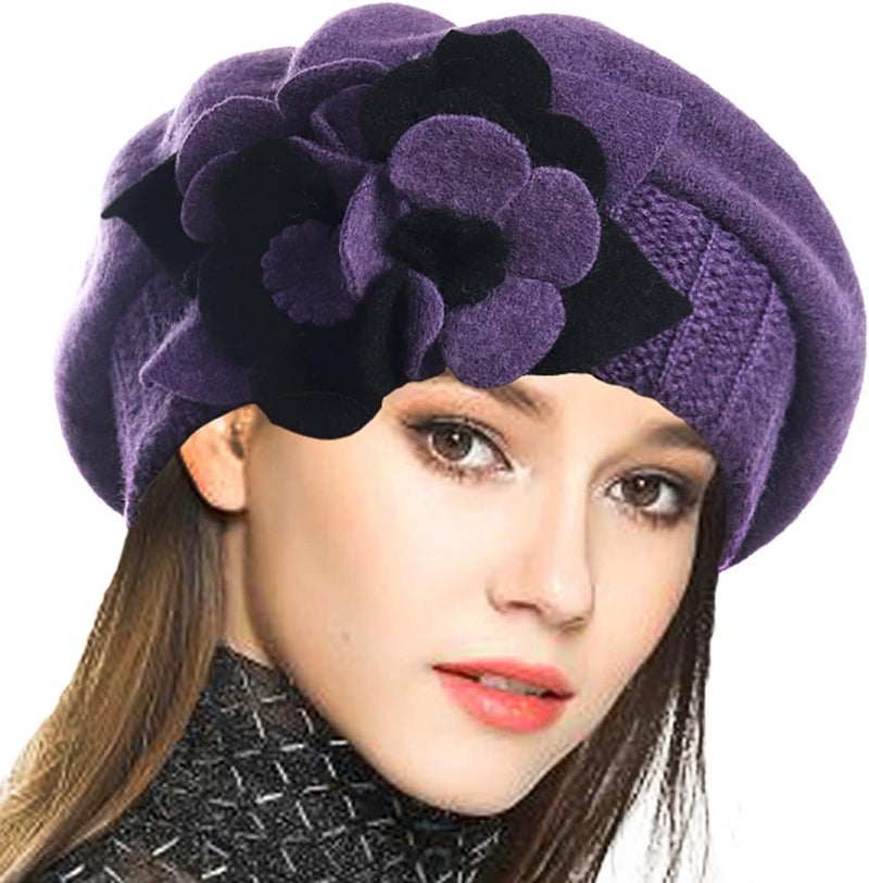 VECRY Lady French Beret 100% Wool Beret Floral Dress Beanie Winter Hat - Image 1